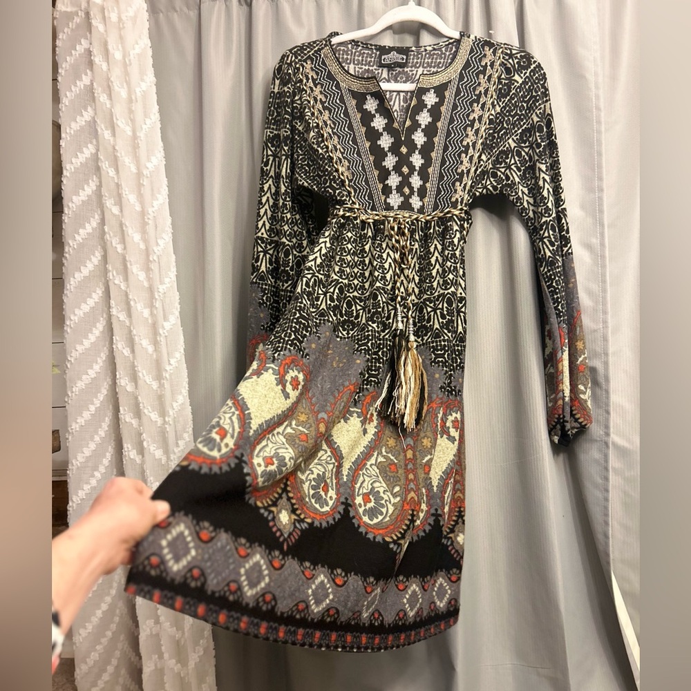 Angie brand, boho embroidered super soft tribal art to wear dress tassel belt  S